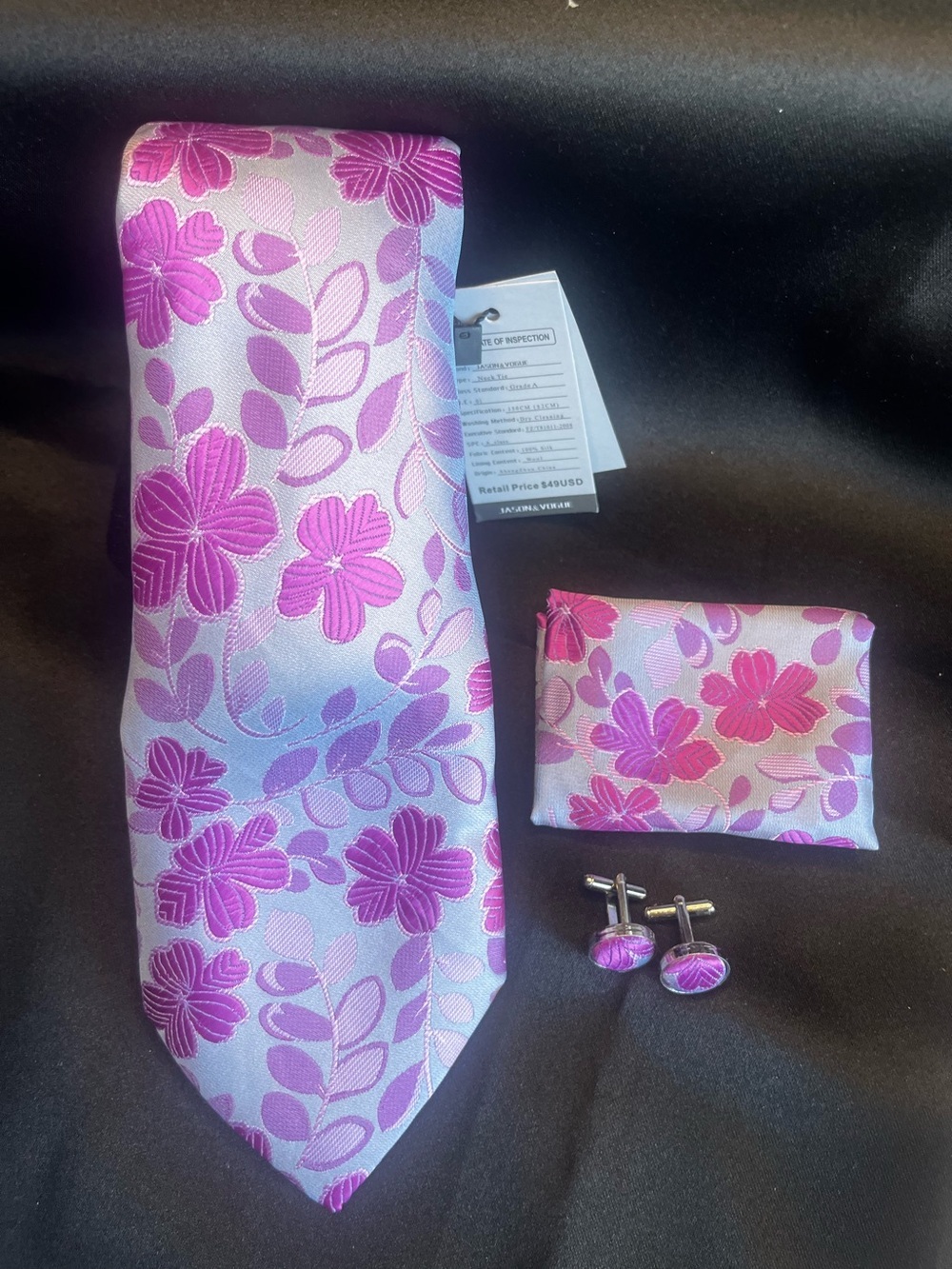 Pink Floral Silk Tie Set with Pocket Square and Cufflinks